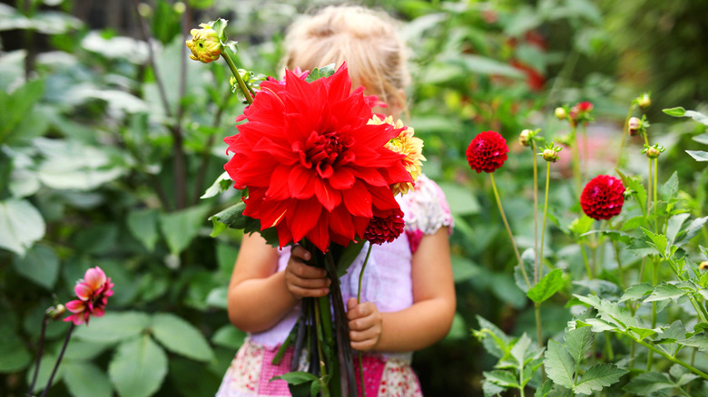 little girl with red flower