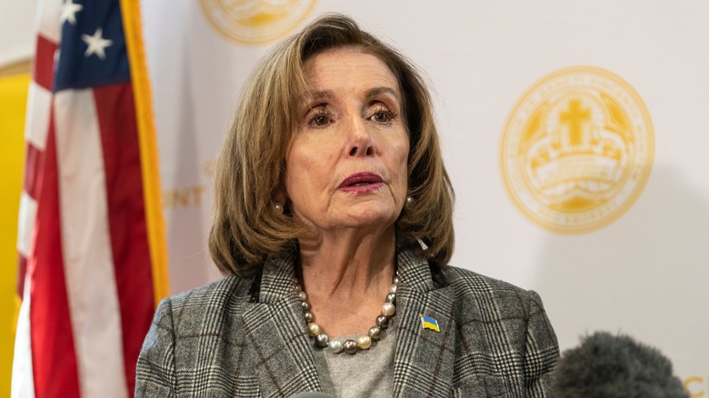 Nancy Pelosi speaking at Mount Saint Vincent College in 2022