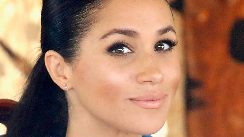 Meghan Markle looks knowingly at the camera in blue