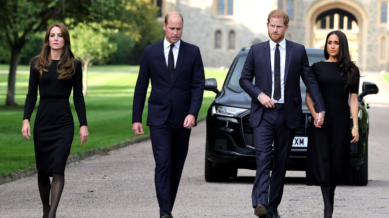 Kate Middleton, Princess of Wales, William, Prince of Wales, Harry, Duke of Sussex, and Meghan Markle, Duchess of Sussex walking together