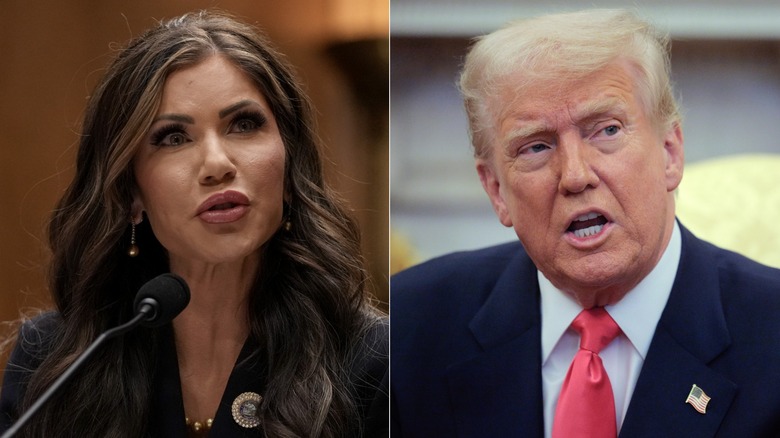 Side-by-side photos of Kristi Noem and Donald Trump