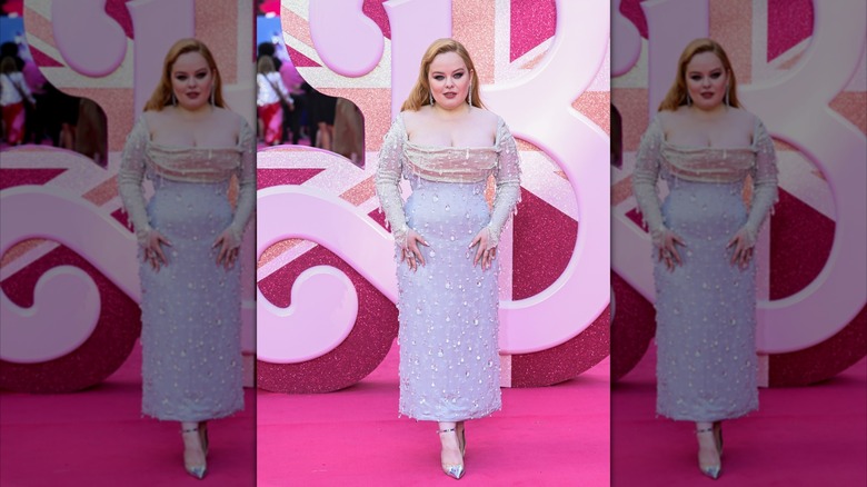 Nicola Coughlan posing at the London premiere of "Barbie" in 2023