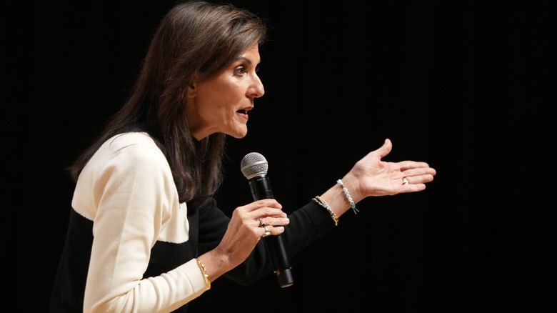 Nikki Haley with mic in hand