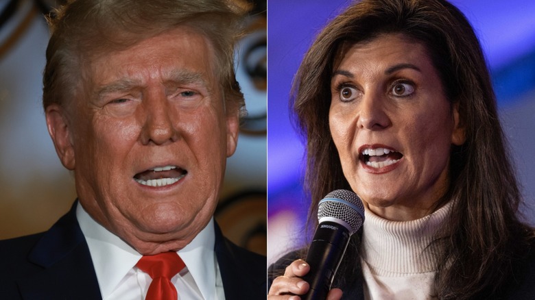 Left: Donald Trump speaking, Right: Nikki Haley speaking