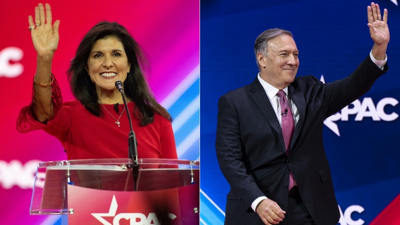 Nikki Haley and Mike Pompeo waving