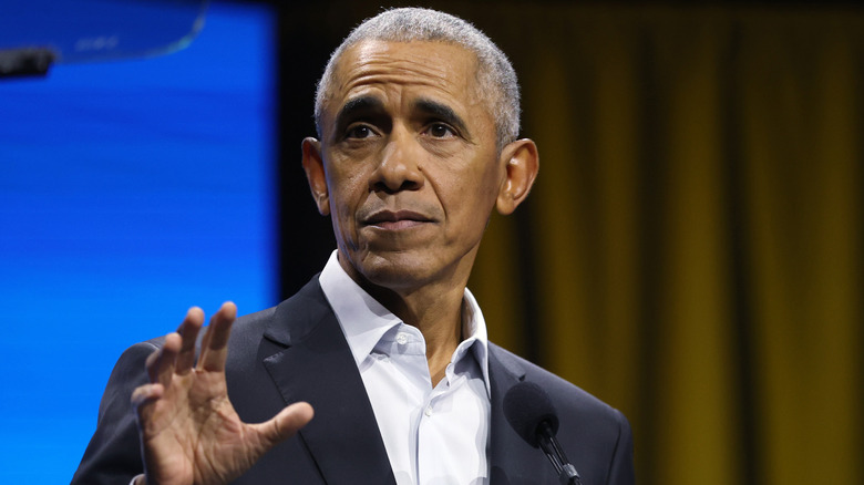 Barack Obama speaks at a Democracy Forum event 