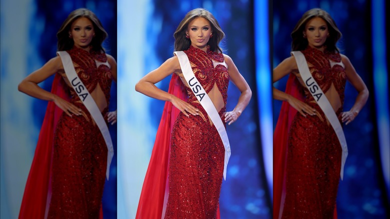 Noelia Voigt in red gown with USA sash