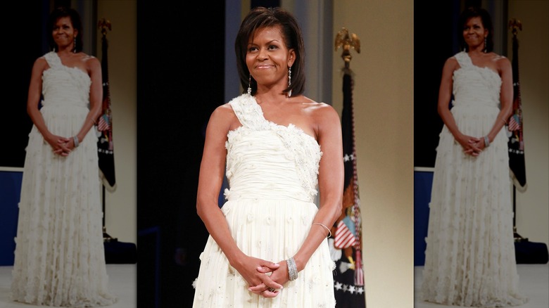 Michelle Obama posing in her 2009 inaugural ball gown