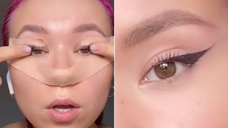 Kat Longoria uses tape to draw on her eyeliner
