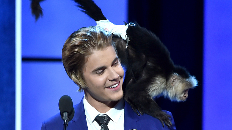 Justin Bieber stands with his pet monkey