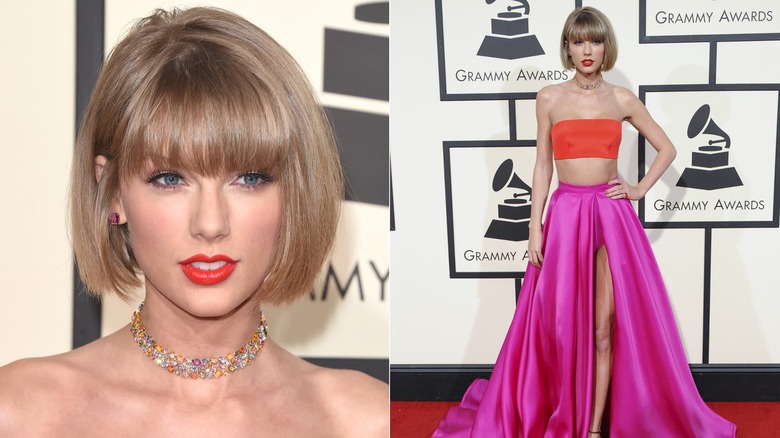 Split image of Taylor Swift's hair and dress at the 2016 Grammy Awards