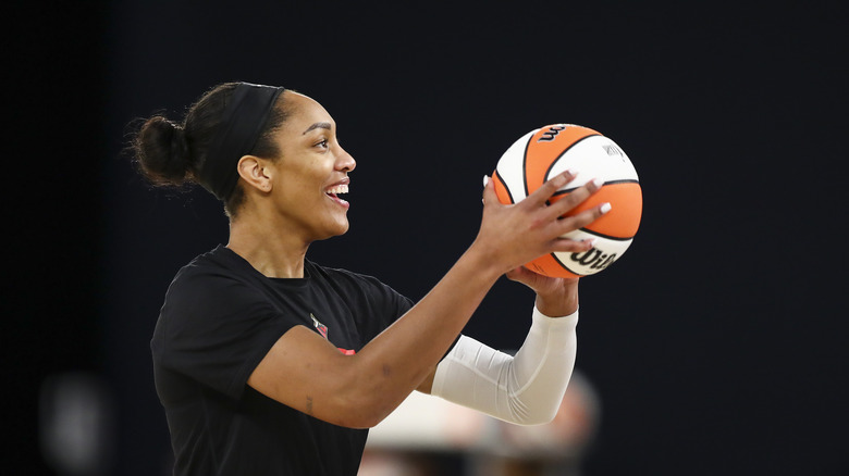 A'ja Wilson shooting a basketball