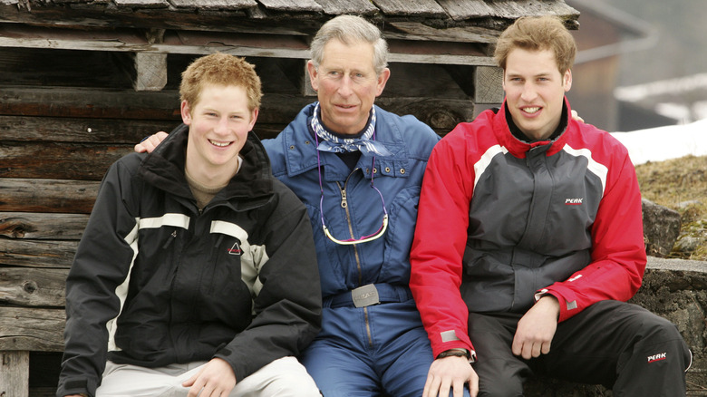 2002 photo Prince Charles, Teenage Prince Harry, Prince William at ski resort