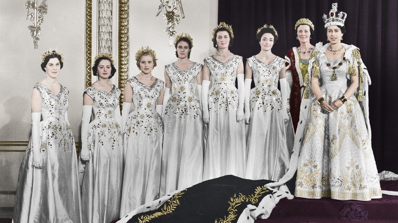 Queen Elizabeth with her maids of honor at her coronation