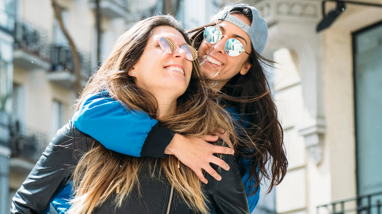 Lesbian couple having fun in the city