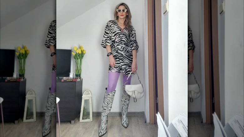 zebra print dress with purple tights