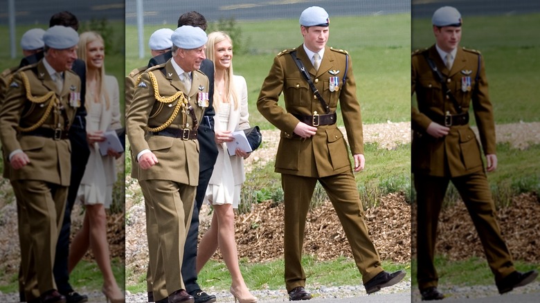 Chelsy Davy waling with Prince Harry and King Charles in uniform