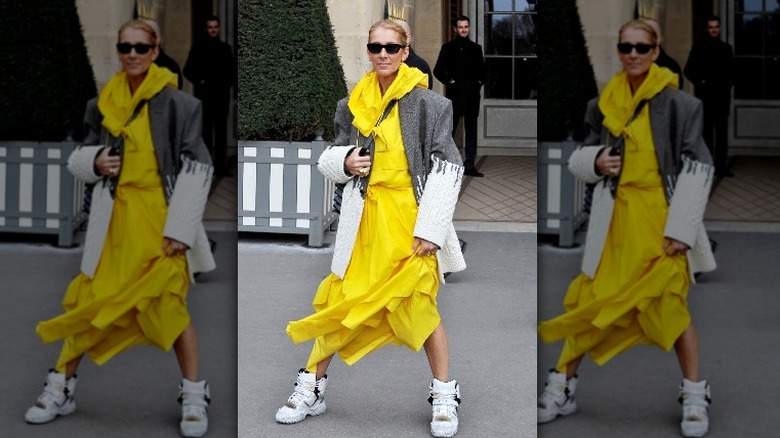 Celine Dion in neon yellow, gray