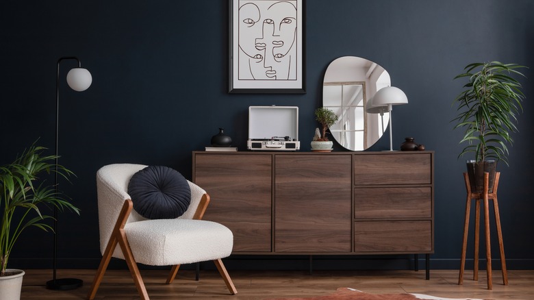 Bedroom with dark blue paint