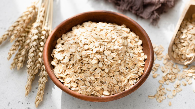 Dried oats in a bowl with wheat on the side