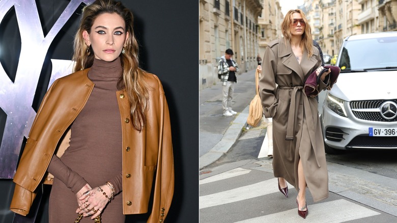 Split image of Paris Jackson posing on step-and-repeat vs. Paris Jackson walking on street in Paris, France