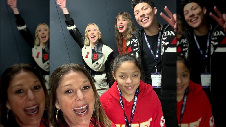 Randi Mahomes, Taylor Swift, Brittany Mahomes, Jackson Mahomes, and Mia Randall smiling