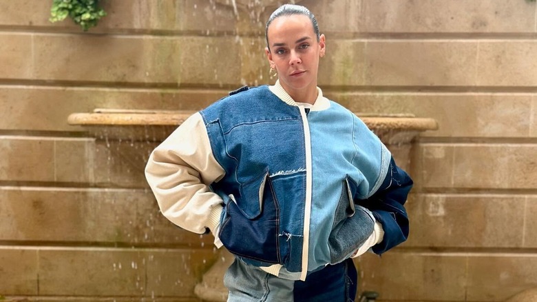 Pauline Ducruet poses in an all denim outfit from Alter Designs outside.