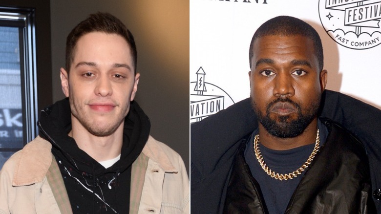 Pete Davidson smiling, Kanye West looking constipated