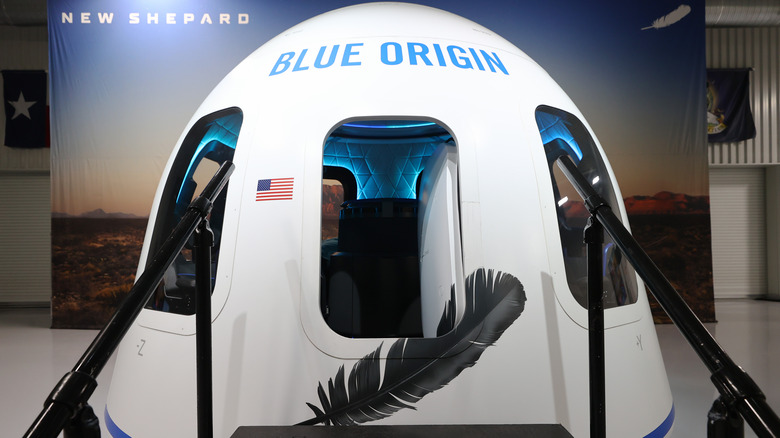 A life-size replica of the Blue Origin capsule