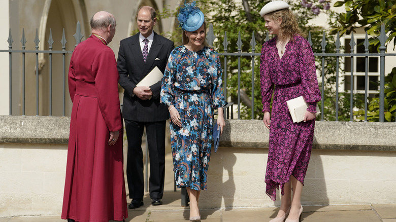 Prince Edward, Duke of Edinburgh, with his wife and daughter outside church
