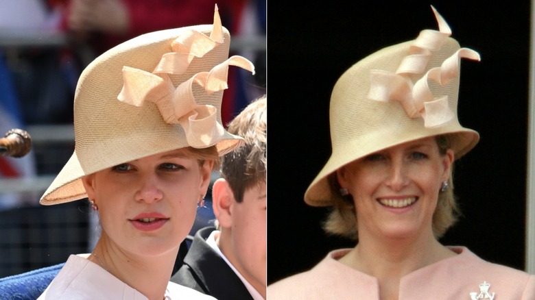 Split image of Lady Louise and Sophie, Duchess of Edinburgh, wearing the same hat