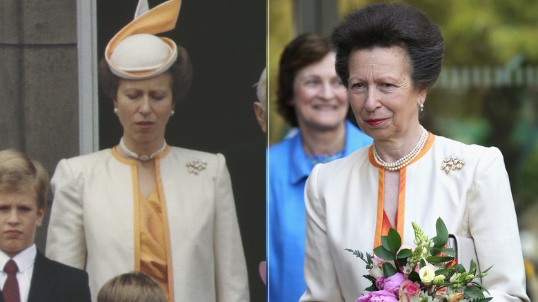 Princess Anne wearing orange and cream suit