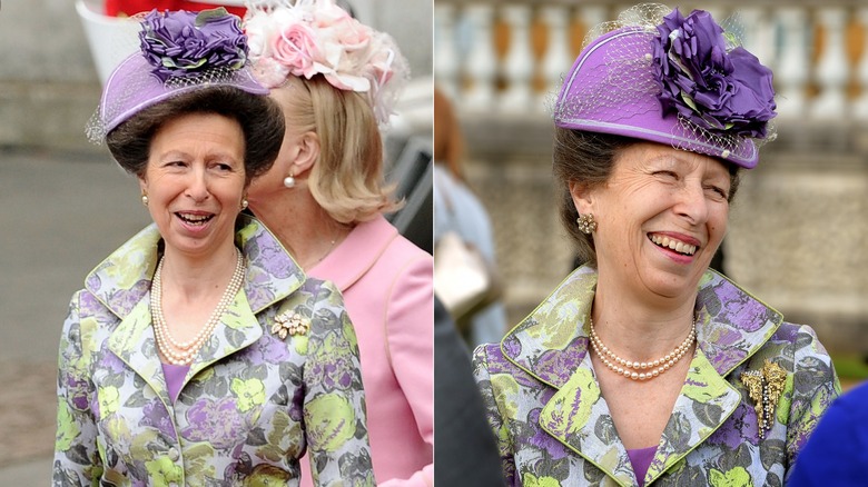 Princess Anne in lavender floral dress and purple hat