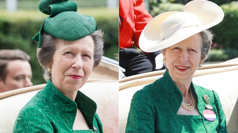 Princess Anne in green dress riding in carriage