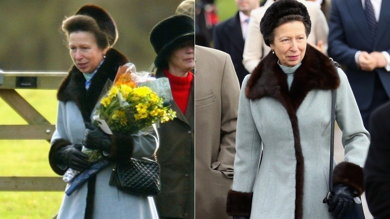 Princess Anne in blue coat with fur trim