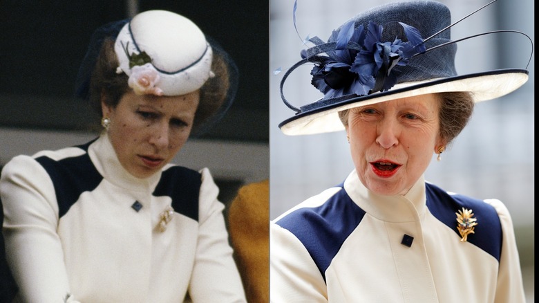 Princess Anne in navy and cream coat and hat