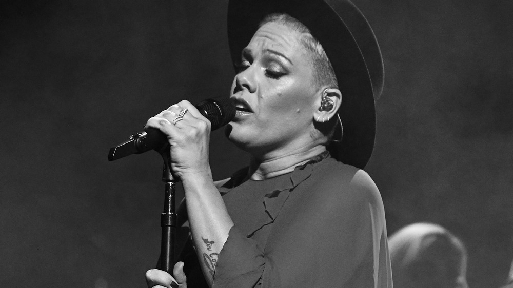 Pink in black-and-white concert photo