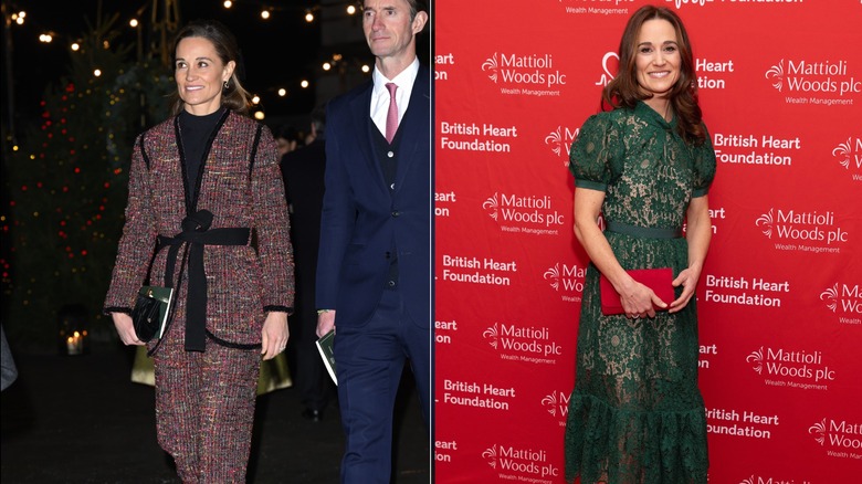 A side by side of Pippa Middleton wearing a red tweet suit and a green cocktail gown