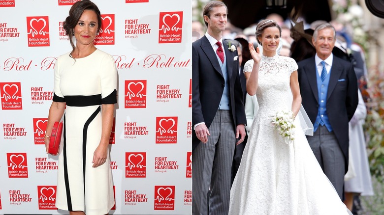 A side by side of Pippa Middleton wearing a white and black dress and her wedding dress