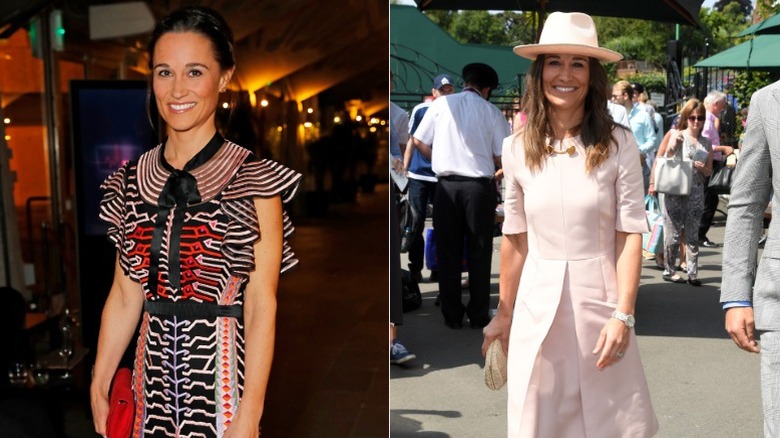 A side by side of Pippa Middleton wearing a multicolored dress and a pink pastel dress