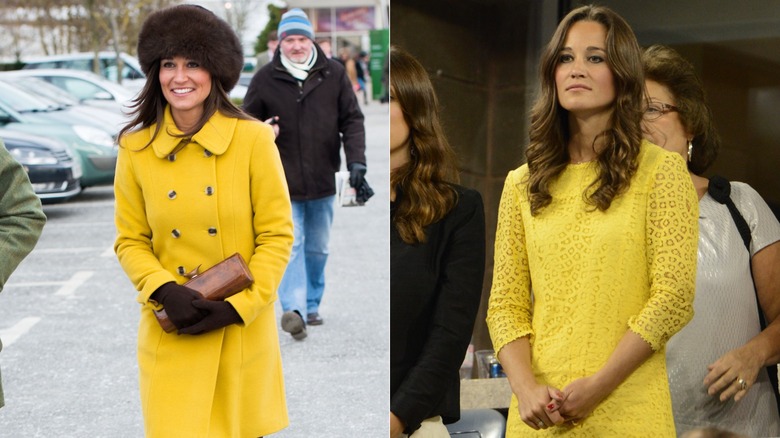 A side by side of Pippa Middleton a yellow coat with a brown fur hat and a yellow dress