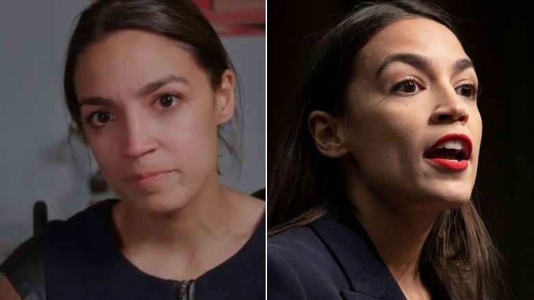 Alexandria Ocasio-Cortez, without and with makeup