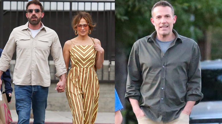 Side by side image of Ben Affleck wearing sunglasses and tan shirt with J-Lo in striped dress and Ben Affleck smiling without beard in gray shirt.