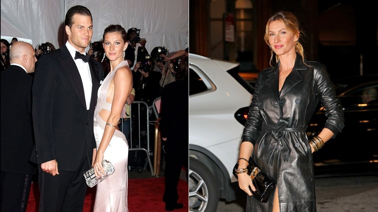 Side by side image of Tom Brady wearing in a tux with Gisele Bündchen and Gisele wearing a black leather trenchcoat.