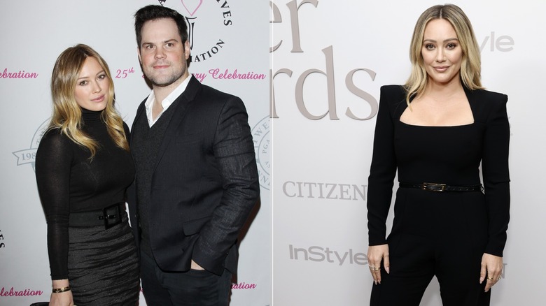 Side by side image of Hilary Duff wearing a black turtleneck with MIke Comrie and Hilary Duff wearing black pants and a top