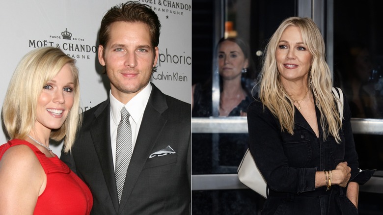 Side by side image of Jennie Garth posing in a red dress with Peter Facinelli and Jennie Garth posing with long hair in black blazer