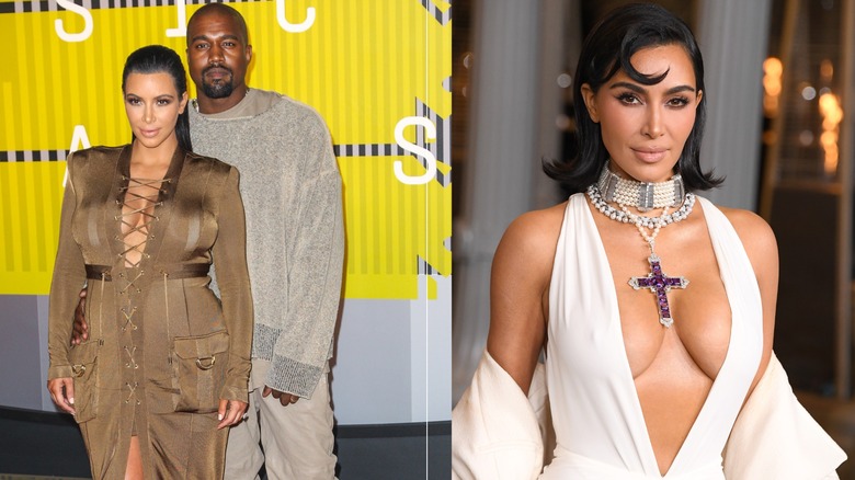 Side by side image of Kim Kardashian posing in a lace-up dress with Kanye West and Kim posing in a white halter dress.