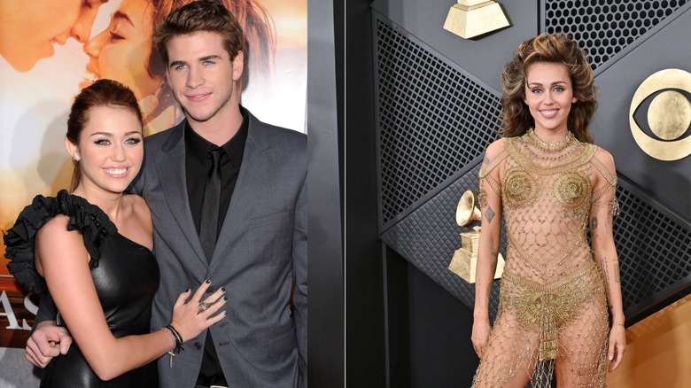 Side by side image of Miley Cyrus in black one shoulder dress with ex Liam Hemsworth and Miley in gold sheer dress