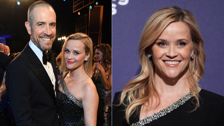 Side by side image of Reese Witherspoon posing with ex Jim Toth in a tux. and close-up of Reese wearing a black sparkly dress with long wavy hair.