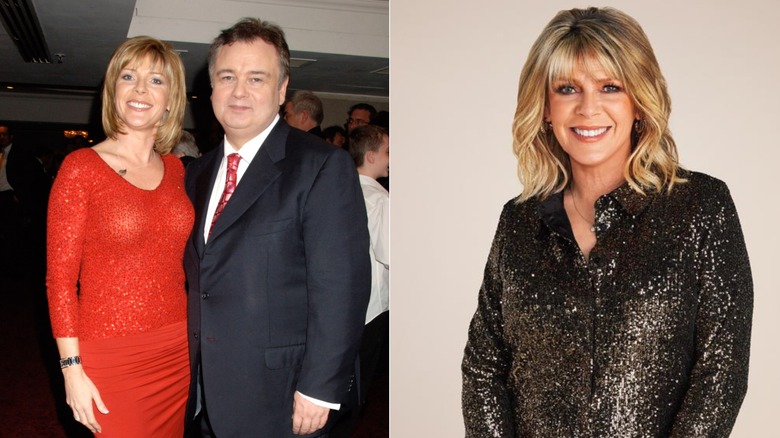 Side by side image of Ruth Langsford wearing red with Eamonn and Ruth Langsford wearing a black sparkly top and wavy blonde hair.